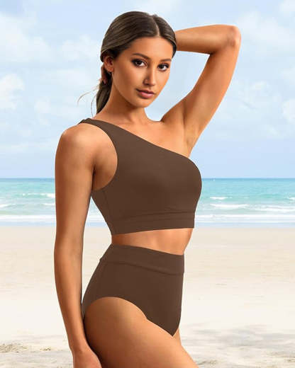 High-Waist One-Shoulder Tummy Control Bikini Set-Navy Blue