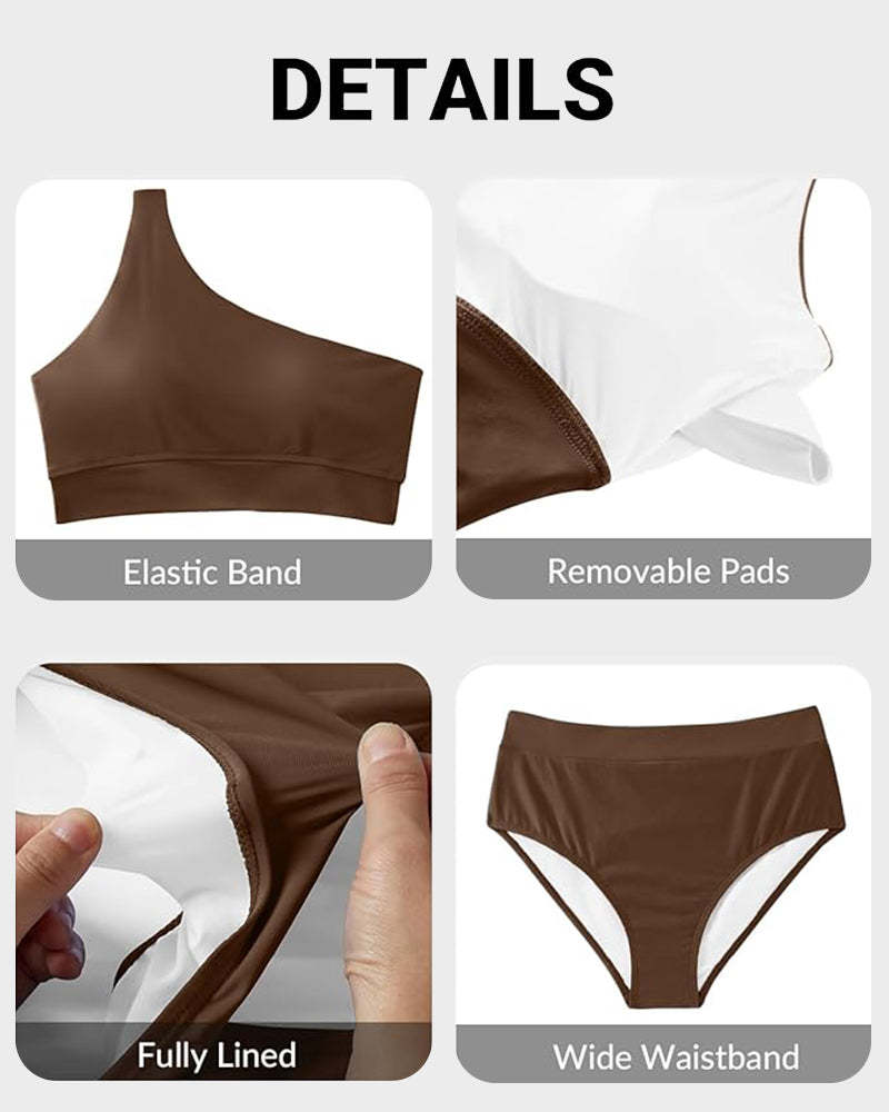 High-Waist One-Shoulder Tummy Control Bikini Set-Navy Blue