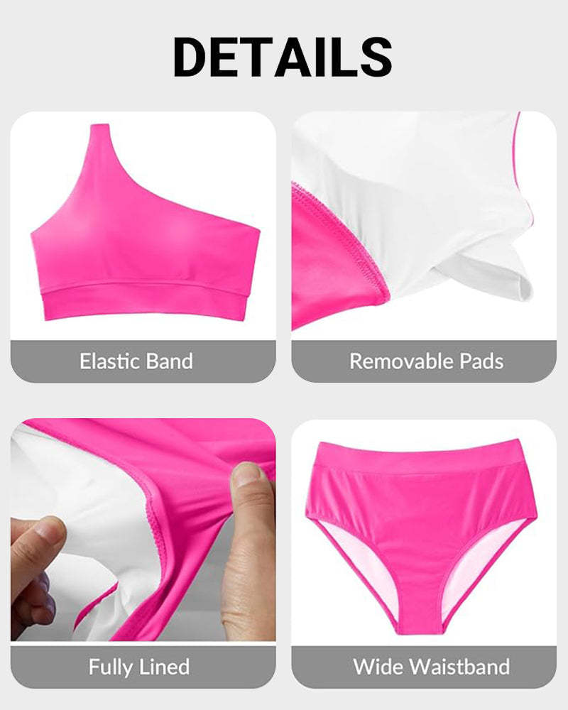 High-Waist One-Shoulder Tummy Control Bikini Set-Navy Blue