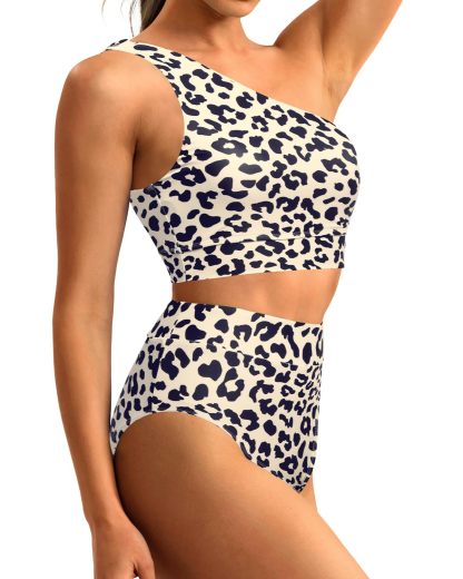 High-Waist One-Shoulder Tummy Control Bikini Set-Navy Blue