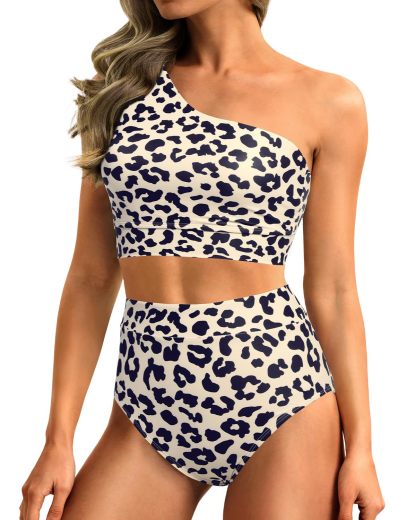 High-Waist One-Shoulder Tummy Control Bikini Set-Navy Blue