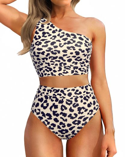 High-Waist One-Shoulder Tummy Control Bikini Set-Navy Blue