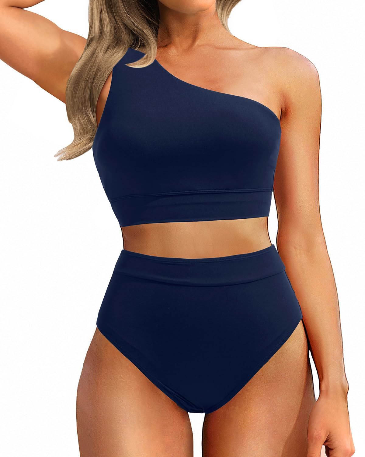 High-Waist One-Shoulder Tummy Control Bikini Set-Navy Blue