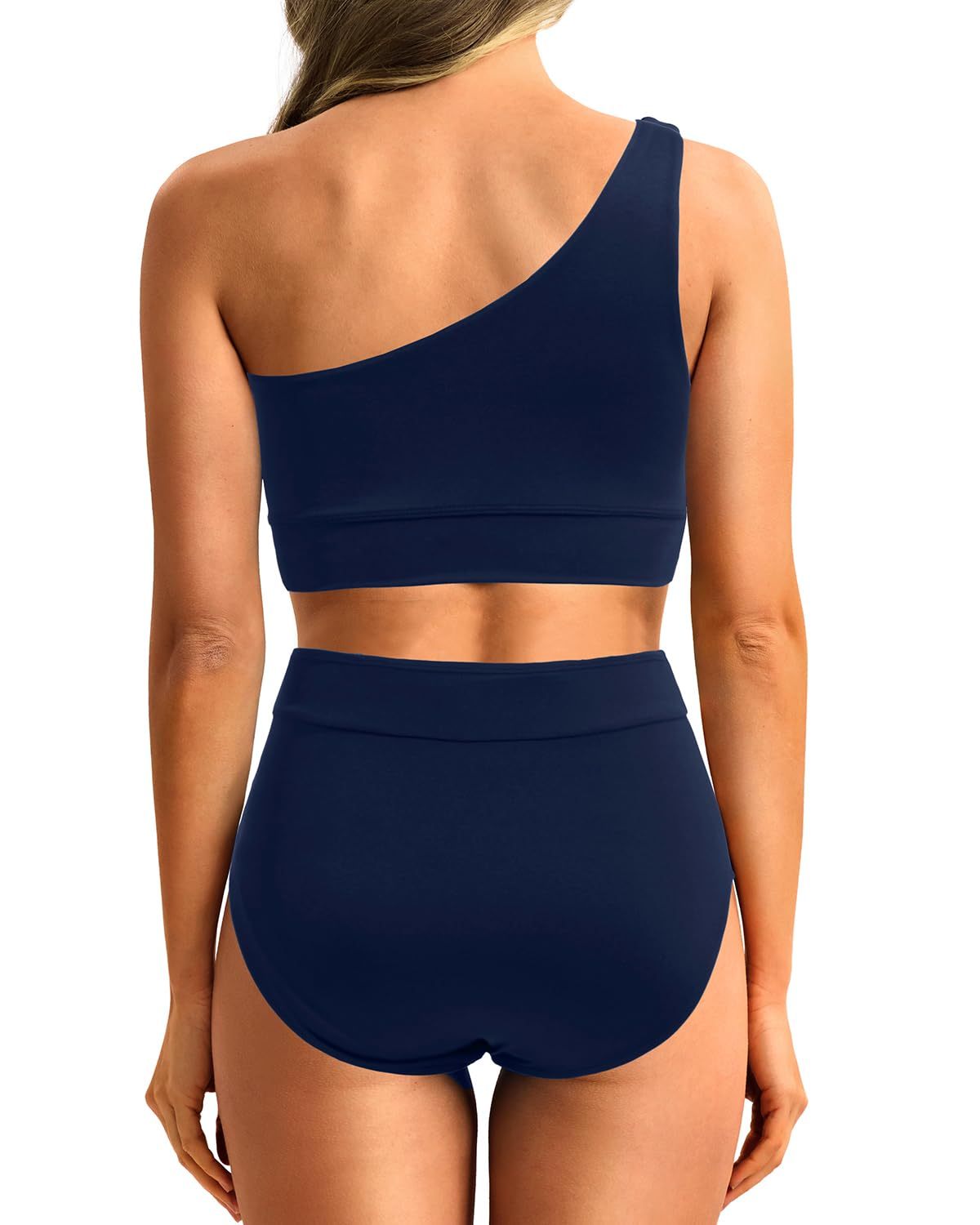 High-Waist One-Shoulder Tummy Control Bikini Set-Navy Blue