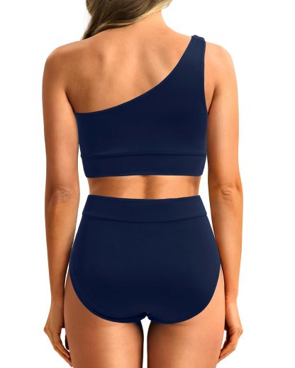 High-Waist One-Shoulder Tummy Control Bikini Set-Navy Blue