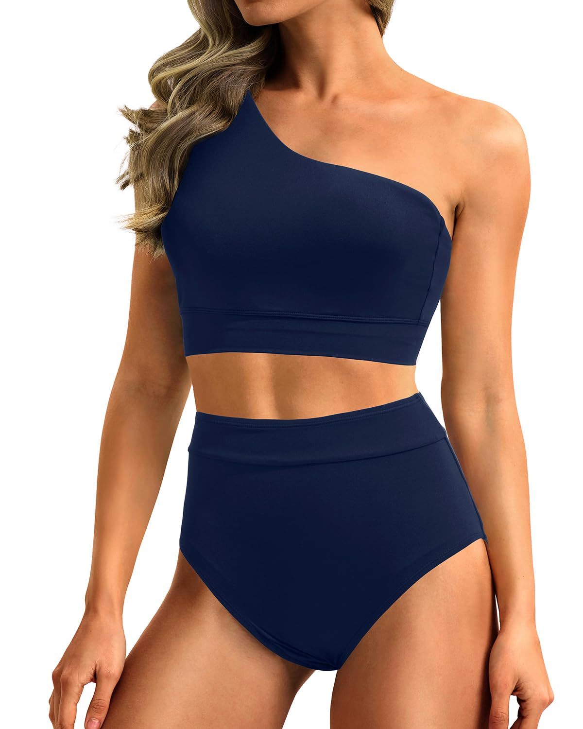 High-Waist One-Shoulder Tummy Control Bikini Set-Black