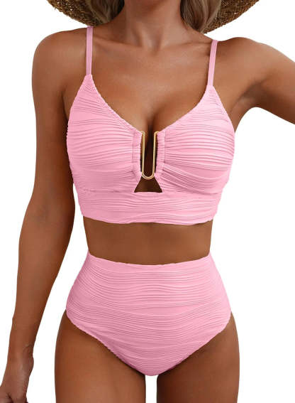 High-Waisted Tummy Control Bikini Set Textured U-Wire Cutout Swimwear