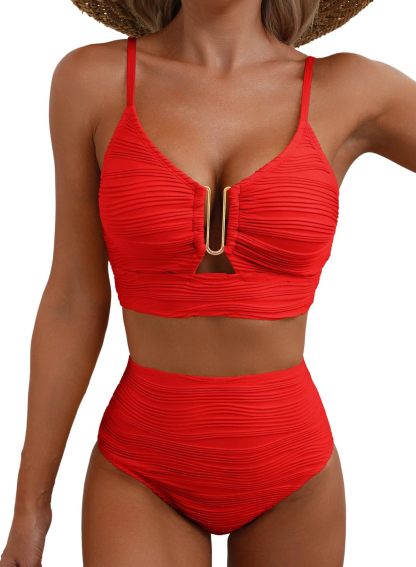 High-Waisted Tummy Control Bikini Set Textured U-Wire Cutout Swimwear