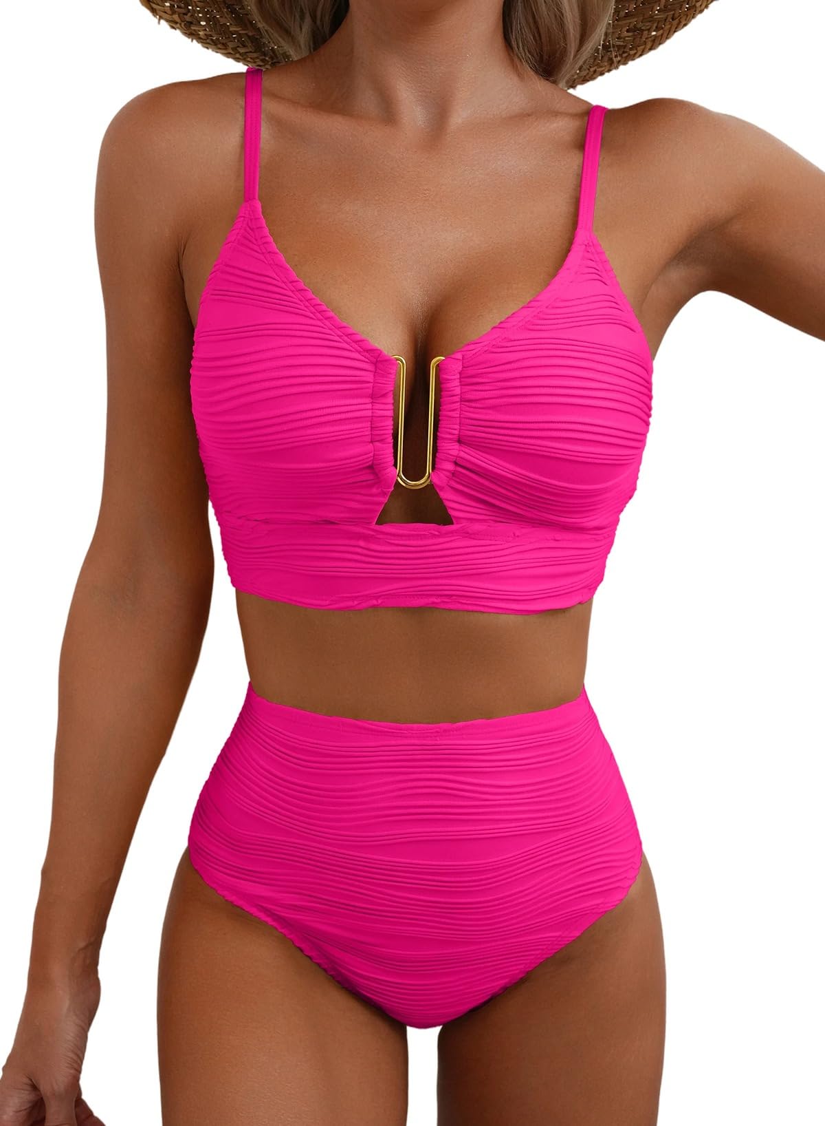 High-Waisted Tummy Control Bikini Set Textured U-Wire Cutout Swimwear