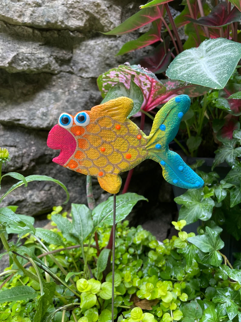 Ceramic Rainbow Fish Garden Stake