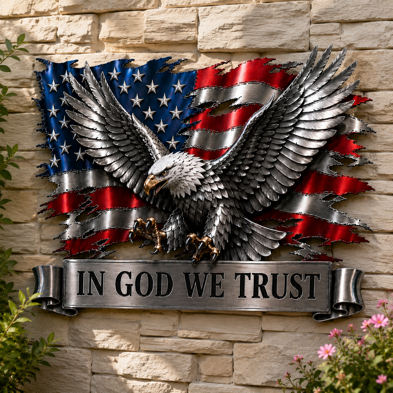 In God We Trust Eagle wall decor displayed on stone wall