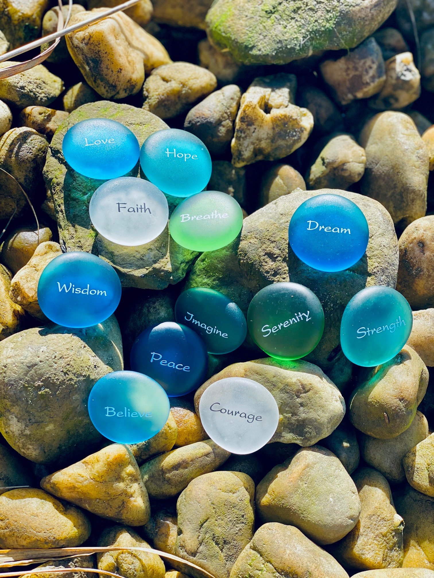 🌊100% Hand-carved💖 Inspirational Sea Glass Stones in a Jar – Words of Calm & Courage