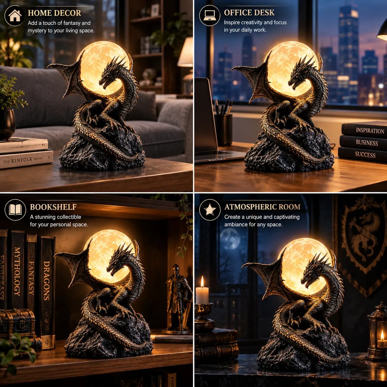Dragon moon globe statue displayed across multiple spaces