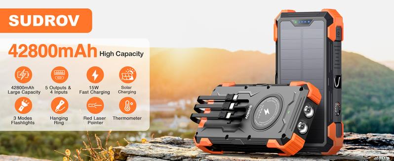 Product Introduction of Sudrov 42800 mAh Solar Charger Power Bank Wireless Charger Built in 4 Cables 7 Outputs 15 Watts Fast Charging Power Bank for All Mobile Devices 3 Inputs Solar Portable Charger with Dual Flashlights, Carabiner and Thermometer 0