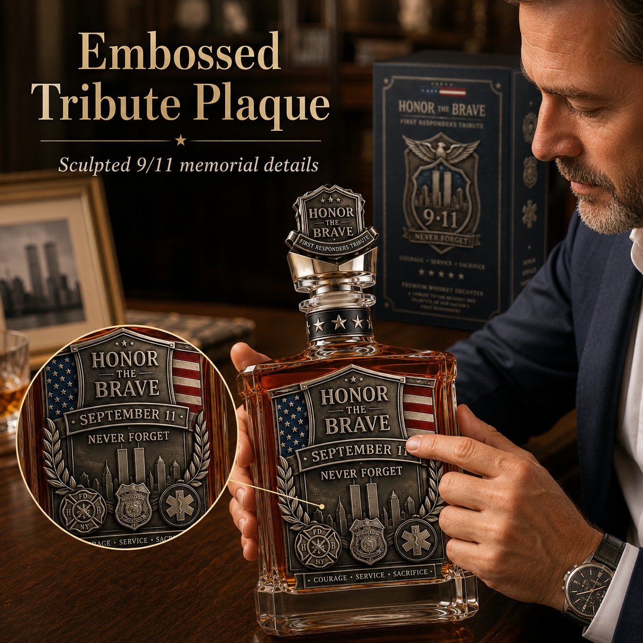 ⏰Limited Stock 50% OFF🥃Honor the Brave Relief Decanter & Emblem – Hero Commemorative Ornament for Home Bar Display