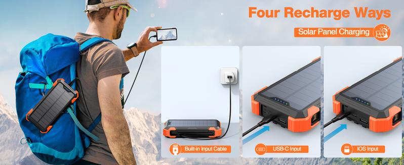 Product Introduction of Sudrov 42800 mAh Solar Charger Power Bank Wireless Charger Built in 4 Cables 7 Outputs 15 Watts Fast Charging Power Bank for All Mobile Devices 3 Inputs Solar Portable Charger with Dual Flashlights, Carabiner and Thermometer 10