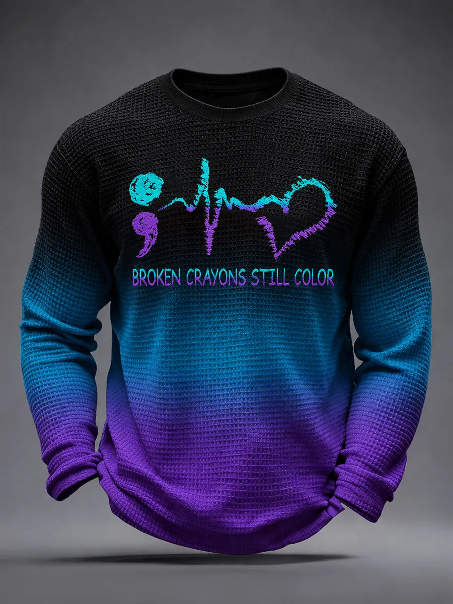 Broken Crayons Still Color waffle knit sweatshirt in teal to purple gradient with semicolon heartbeat design