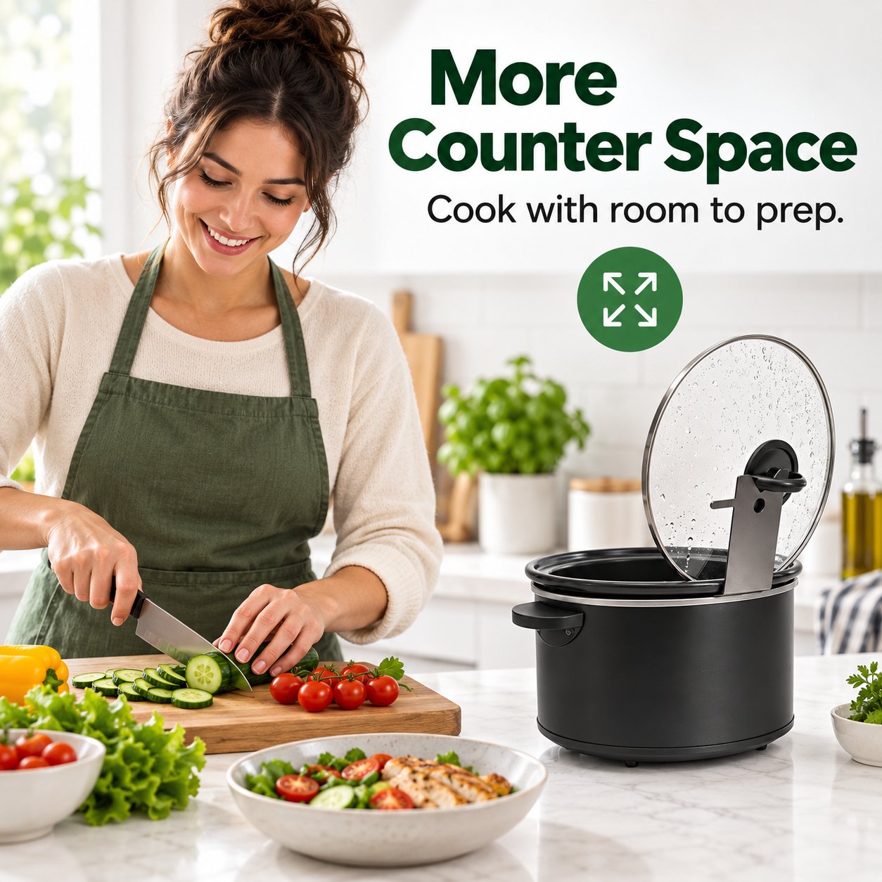 Cooker lid held upright to leave counter space available