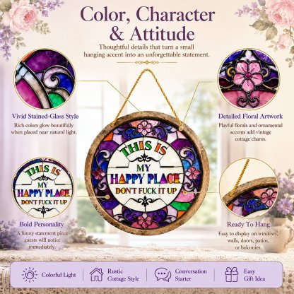 🔥 LAST DAY 50% OFF – 🌈 Stained Glass-Style Happy Place Hanging Suncatcher | Sunlight-Catching Quote Decor for Windows, Porches, Patios & Gifts ✨