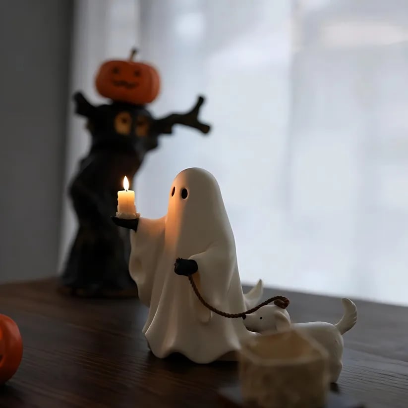 Ghost & Pup Candle Holder | Whimsical Halloween Figurine