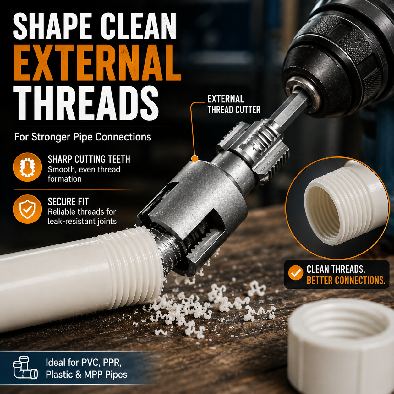 Close up view of internal expander and outer thread cutting teeth