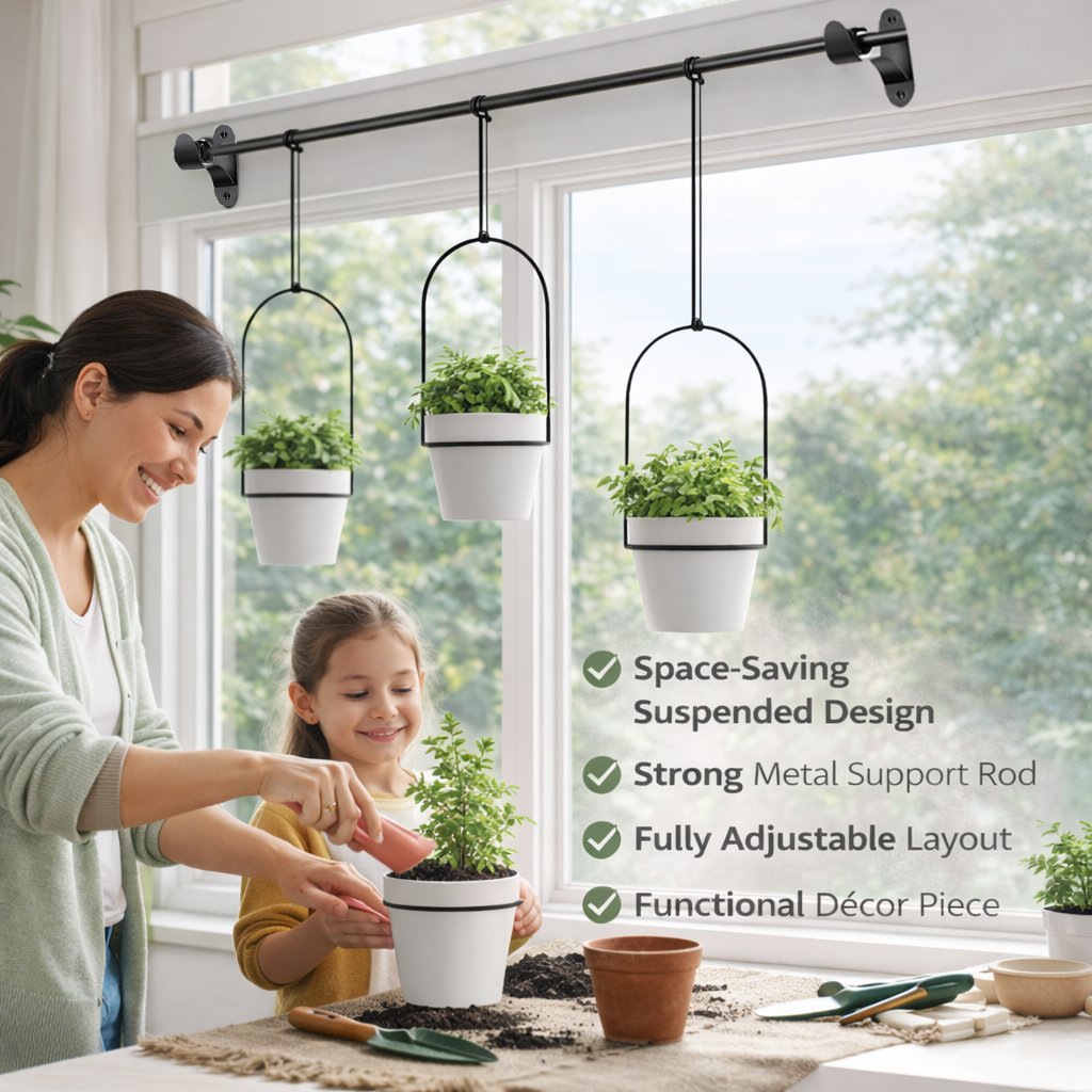 🌿Adjustable Hanging Window Planter Set – Metal Rod Plant Hanger with 3 Pots for Indoor & Outdoor Green Display