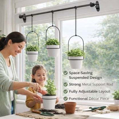 🌿Adjustable Hanging Window Planter Set – Metal Rod Plant Hanger with 3 Pots for Indoor & Outdoor Green Display