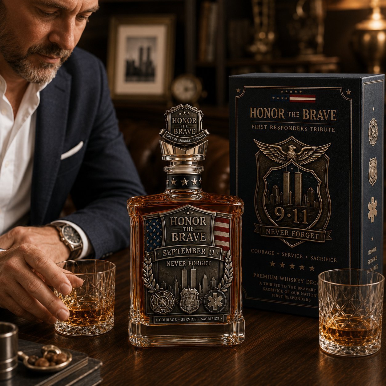⏰Limited Stock 50% OFF🥃Honor the Brave Relief Decanter & Emblem – Hero Commemorative Ornament for Home Bar Display