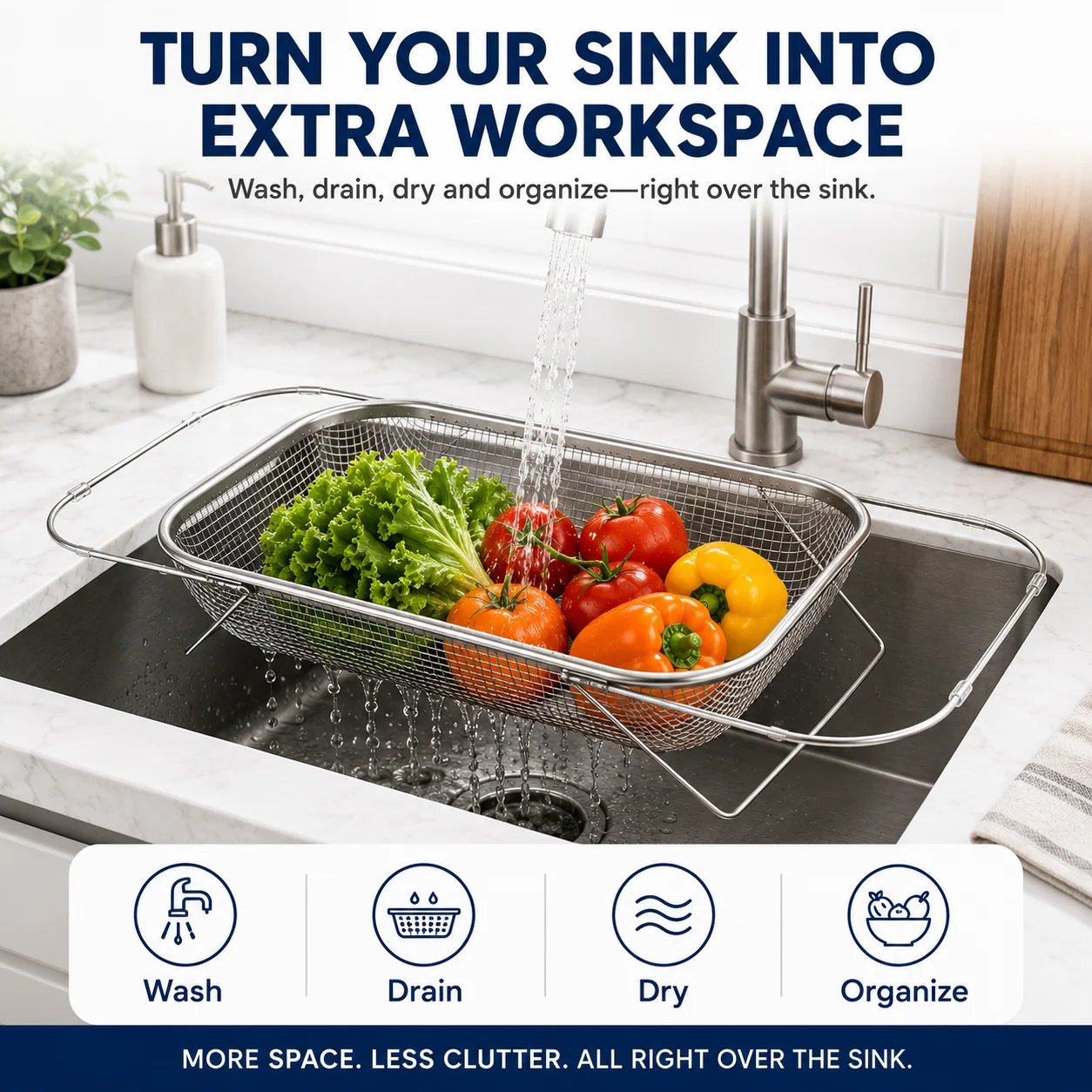 Adjustable over-the-sink stainless steel drainer basket washing vegetables