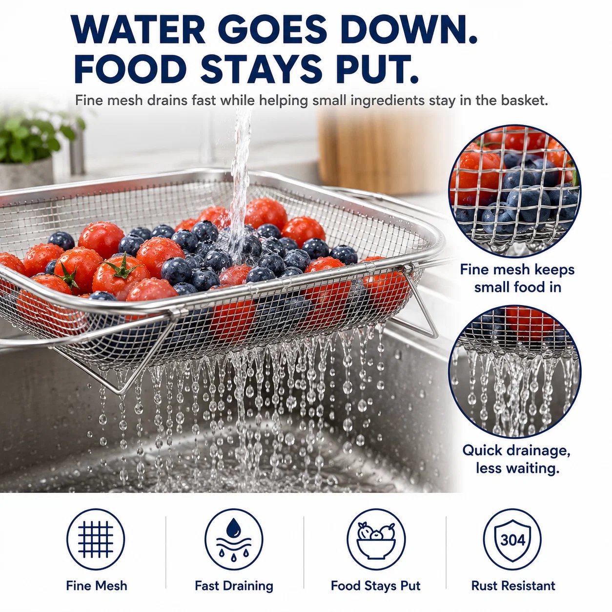 Fine mesh basket quickly draining water while holding small produce
