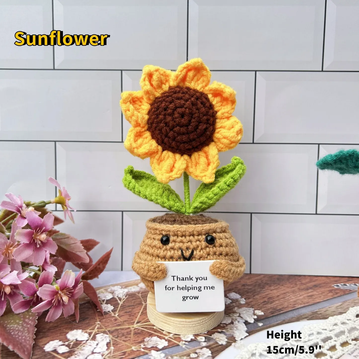 Thank you for helping me grow pot Gift-Handmade Crochet Sunflower/Rose/Daisy/Tulip/Pink Heart-Emotional Support Plants-Thank you gifts