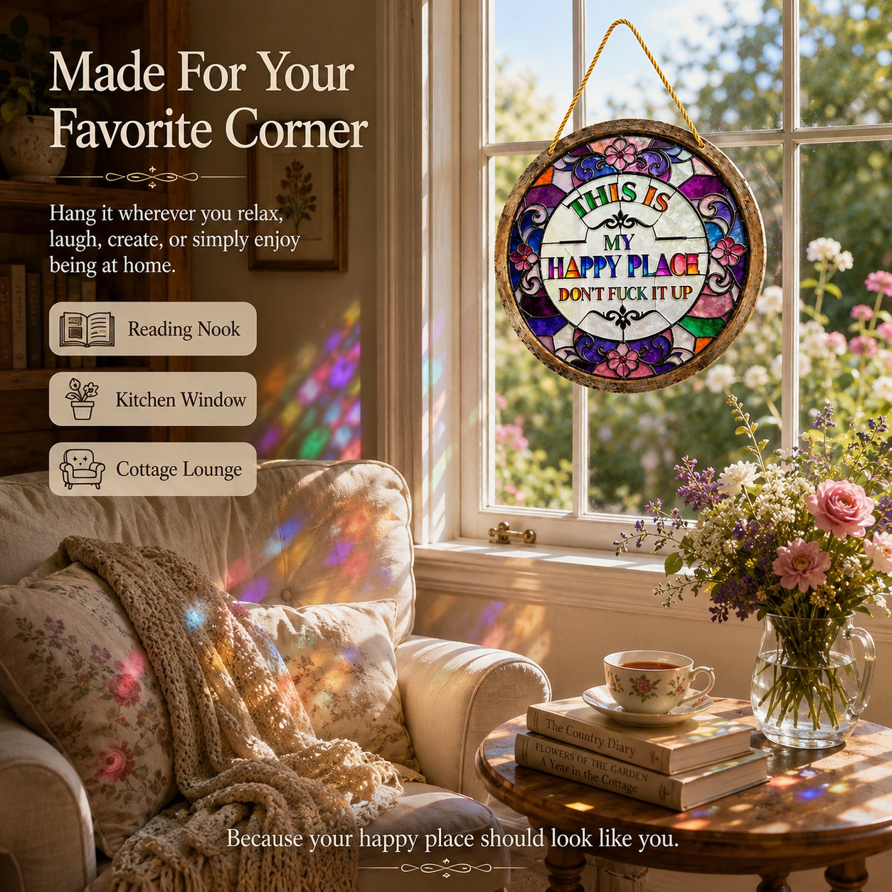 🔥 LAST DAY 50% OFF – 🌈 Stained Glass-Style Happy Place Hanging Suncatcher | Sunlight-Catching Quote Decor for Windows, Porches, Patios & Gifts ✨