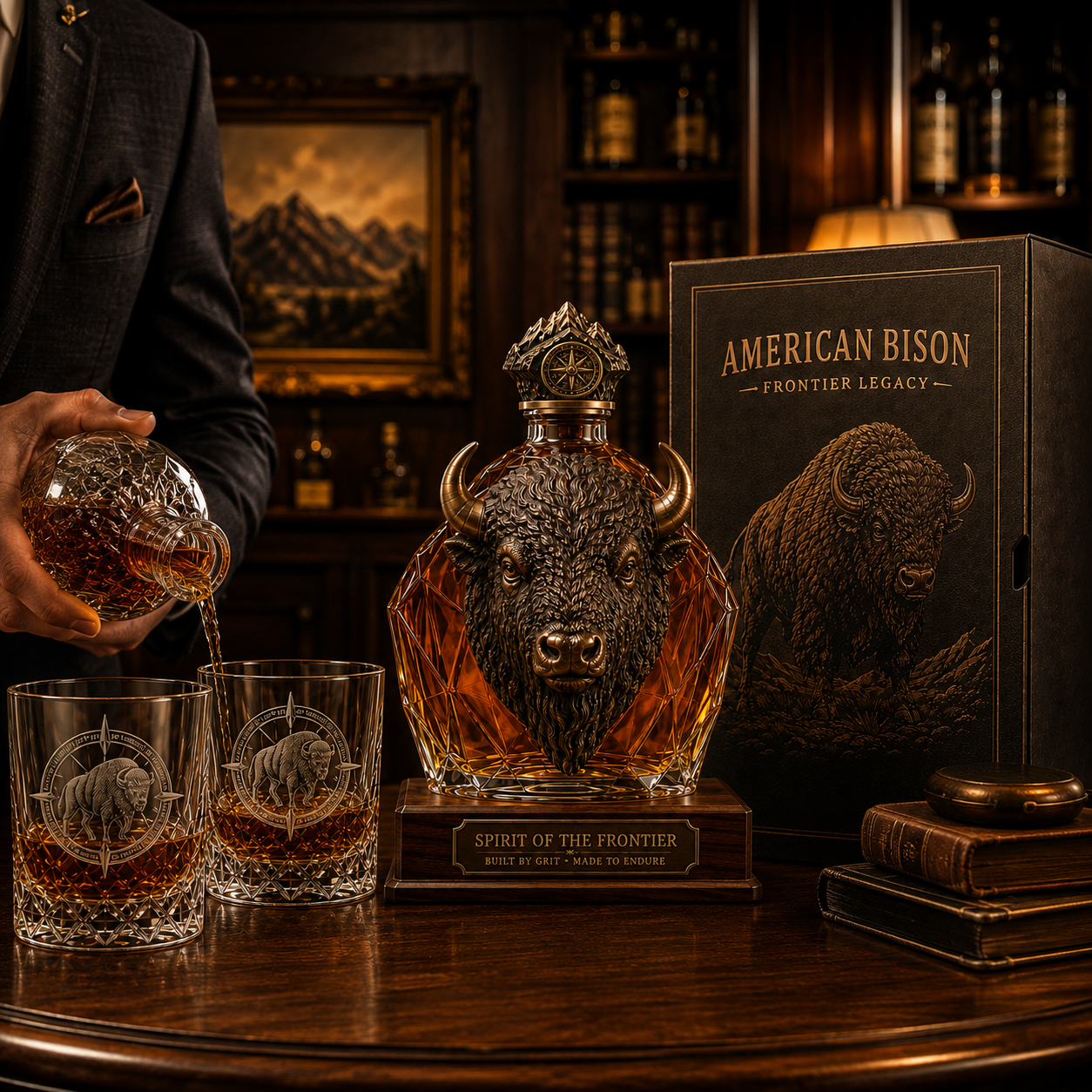 🎁American Bison Frontier Legacy Whiskey Decanter Set