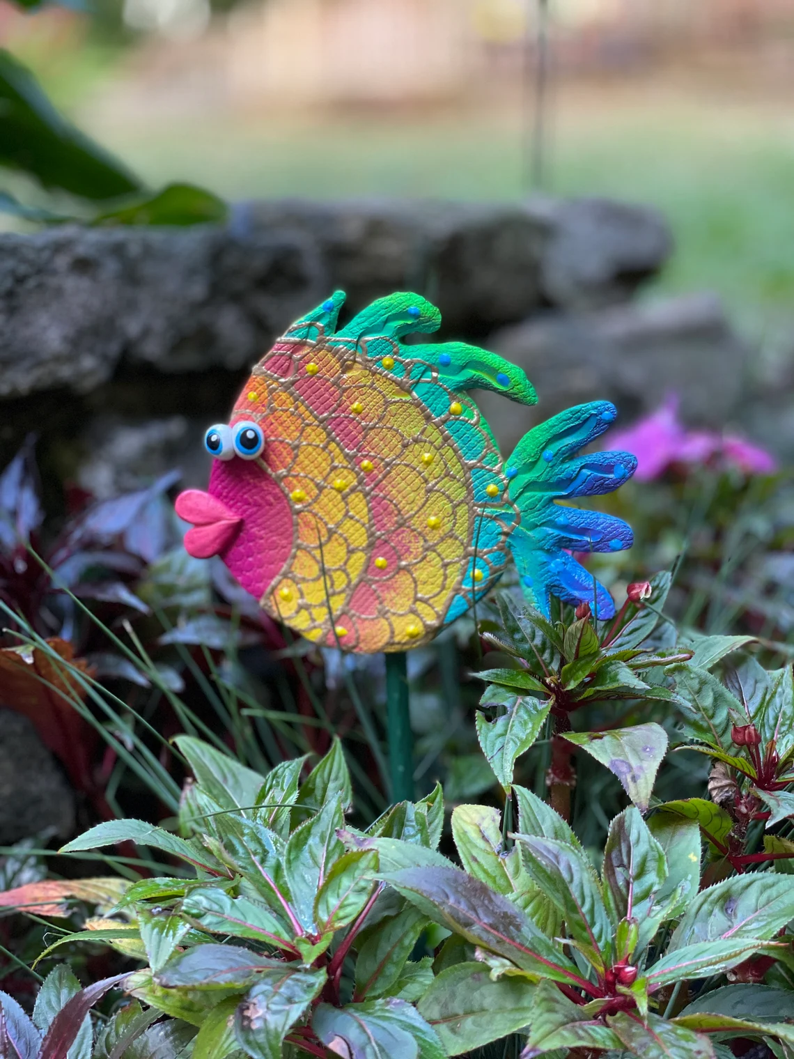 Rainbow floating fish garden piers, potted plants