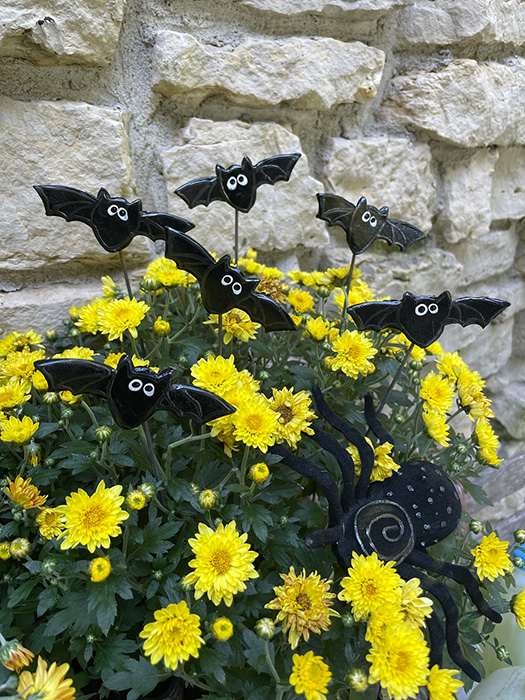 Halloween bat-themed potted plant decoration
