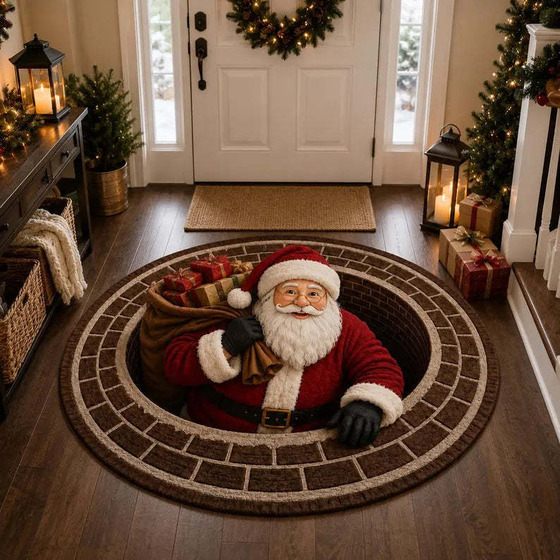 3D Santa Christmas Illusion Rug – Festive Holiday Floor Decor
