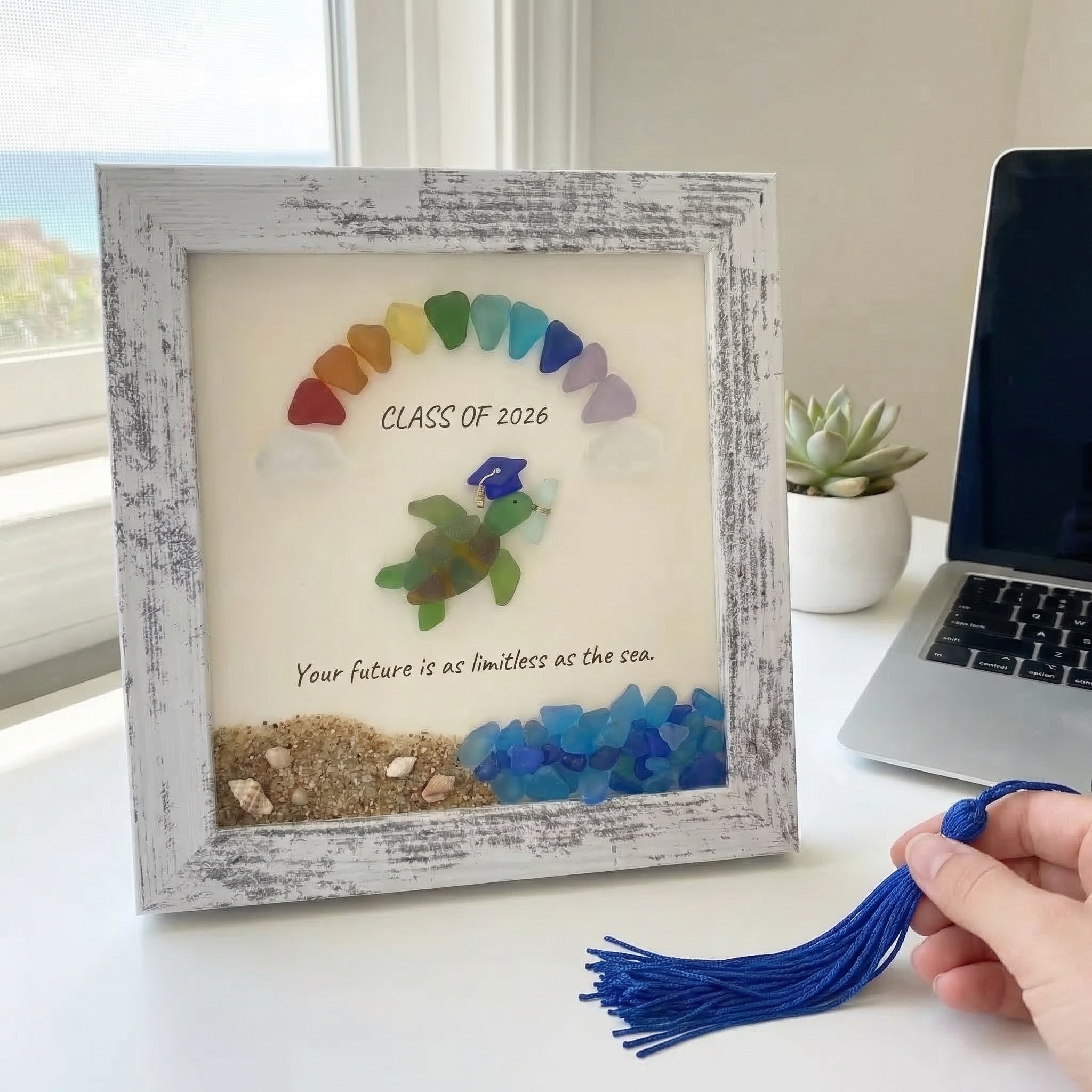 Sea Glass Turtle Graduation Keepsake – Class of 2026 Coastal Art Frame with Inspirational Quote