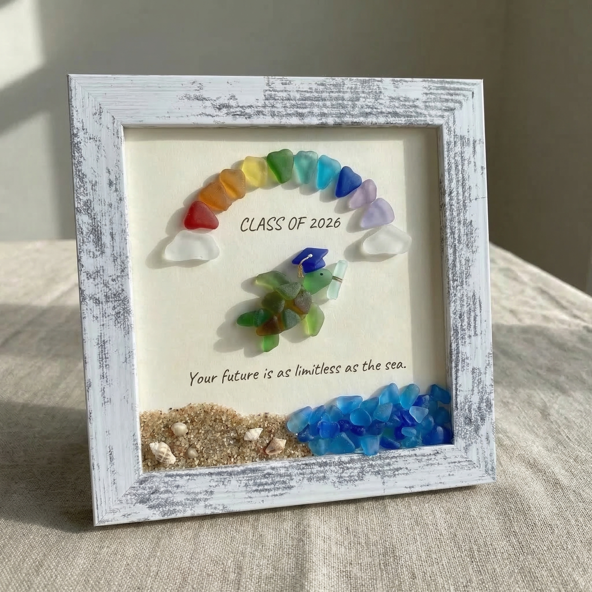 Sea Glass Turtle Graduation Keepsake – Class of 2026 Coastal Art Frame with Inspirational Quote