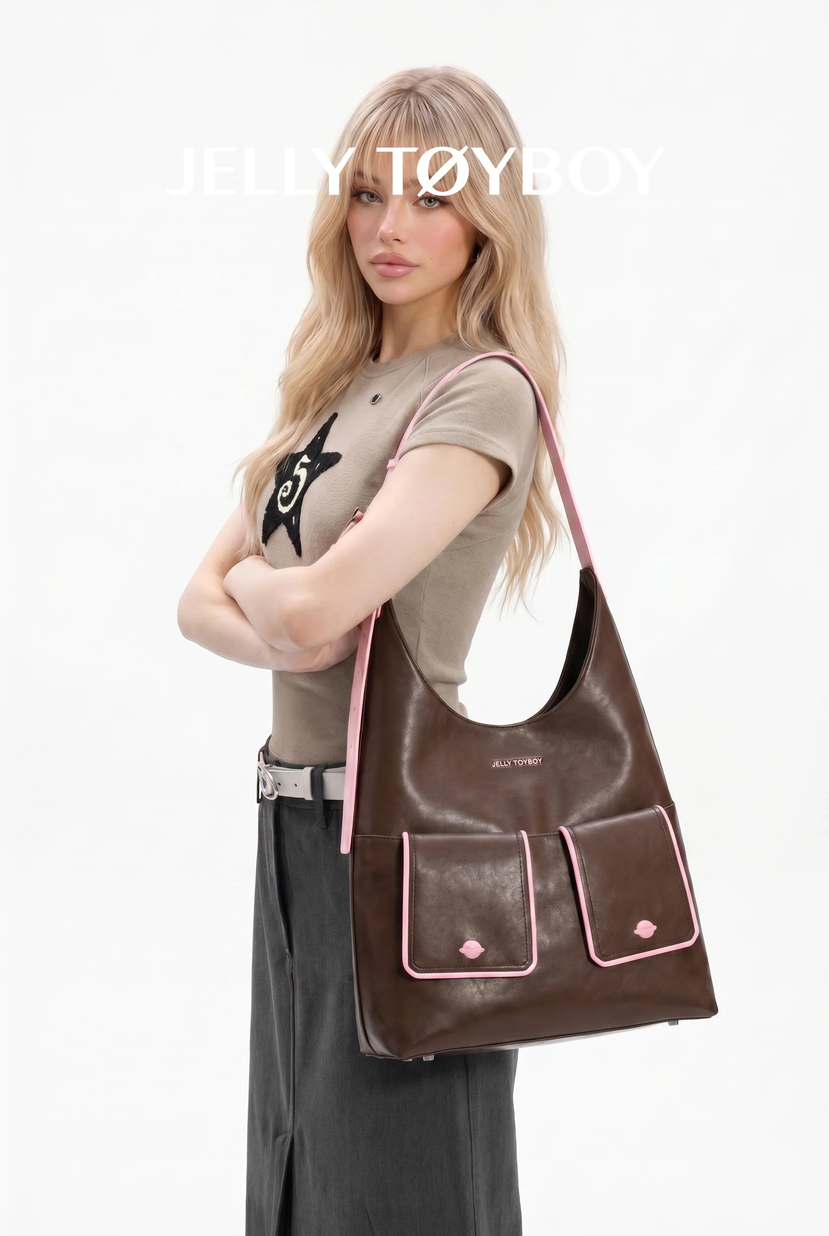 Jellytoyboy Women Niche Designer Cow Leather All Season Large Capacity Daily Commute Shoulder Tote Bag | JTB Dual Pocket Hobo Tote