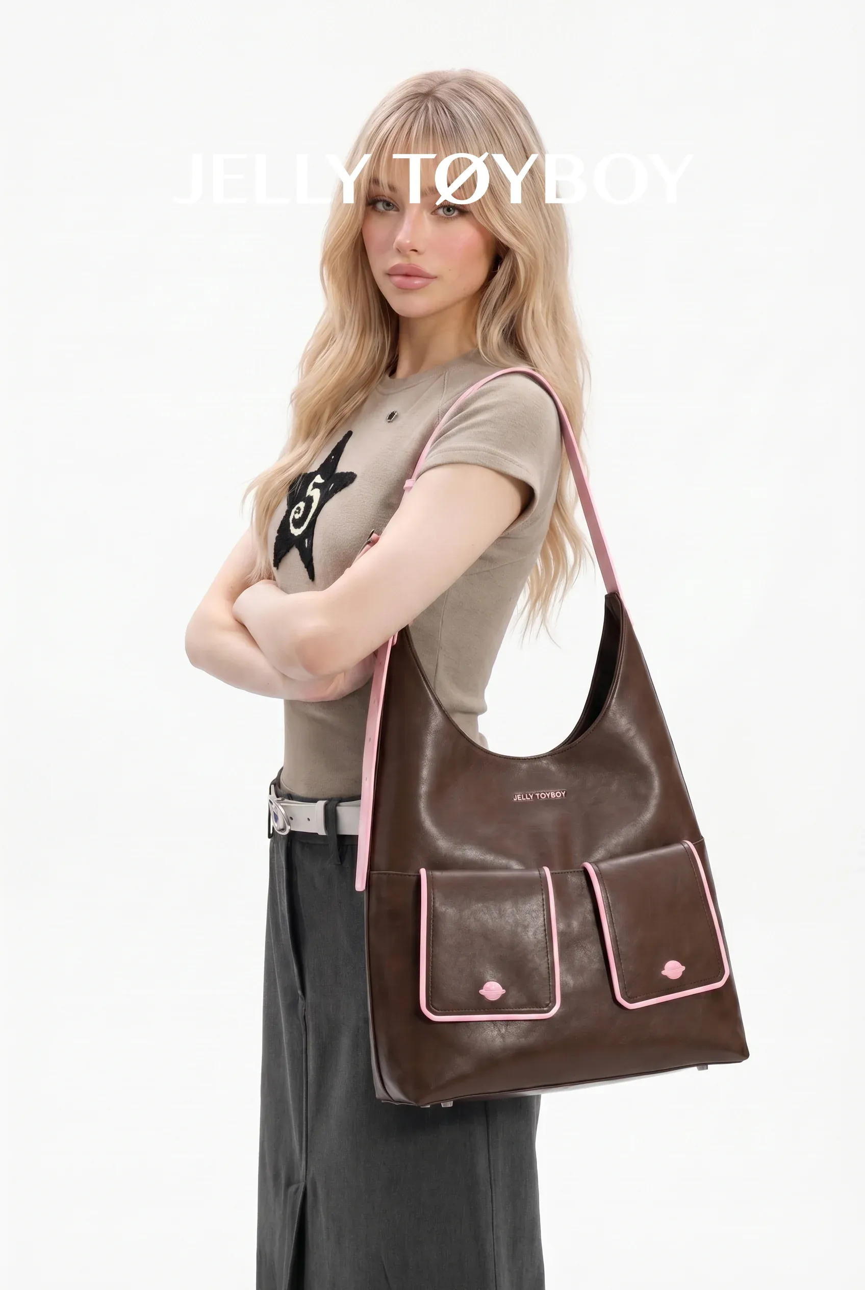 Jellytoyboy Women Niche Designer Cow Leather All Season Large Capacity Daily Commute Shoulder Tote Bag | JTB Dual Pocket Hobo Tote