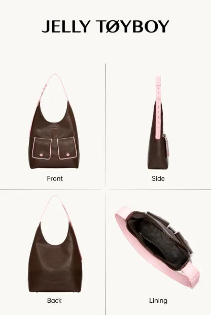 Jellytoyboy Women Niche Designer Cow Leather All Season Large Capacity Daily Commute Shoulder Tote Bag | JTB Dual Pocket Hobo Tote