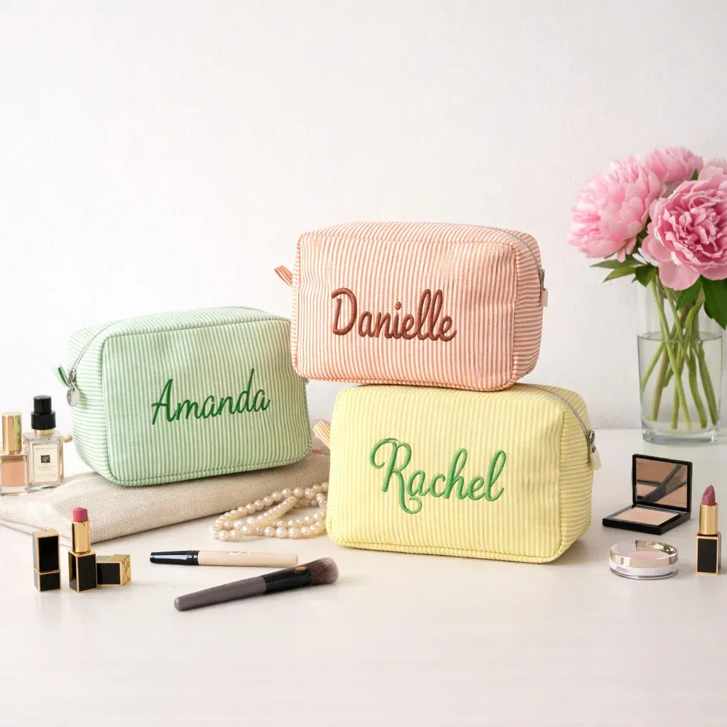 Custom Embroidered Logo Striped Seersucker Cosmetic Bag Extra Large Capacity Toiletry Storage Bag