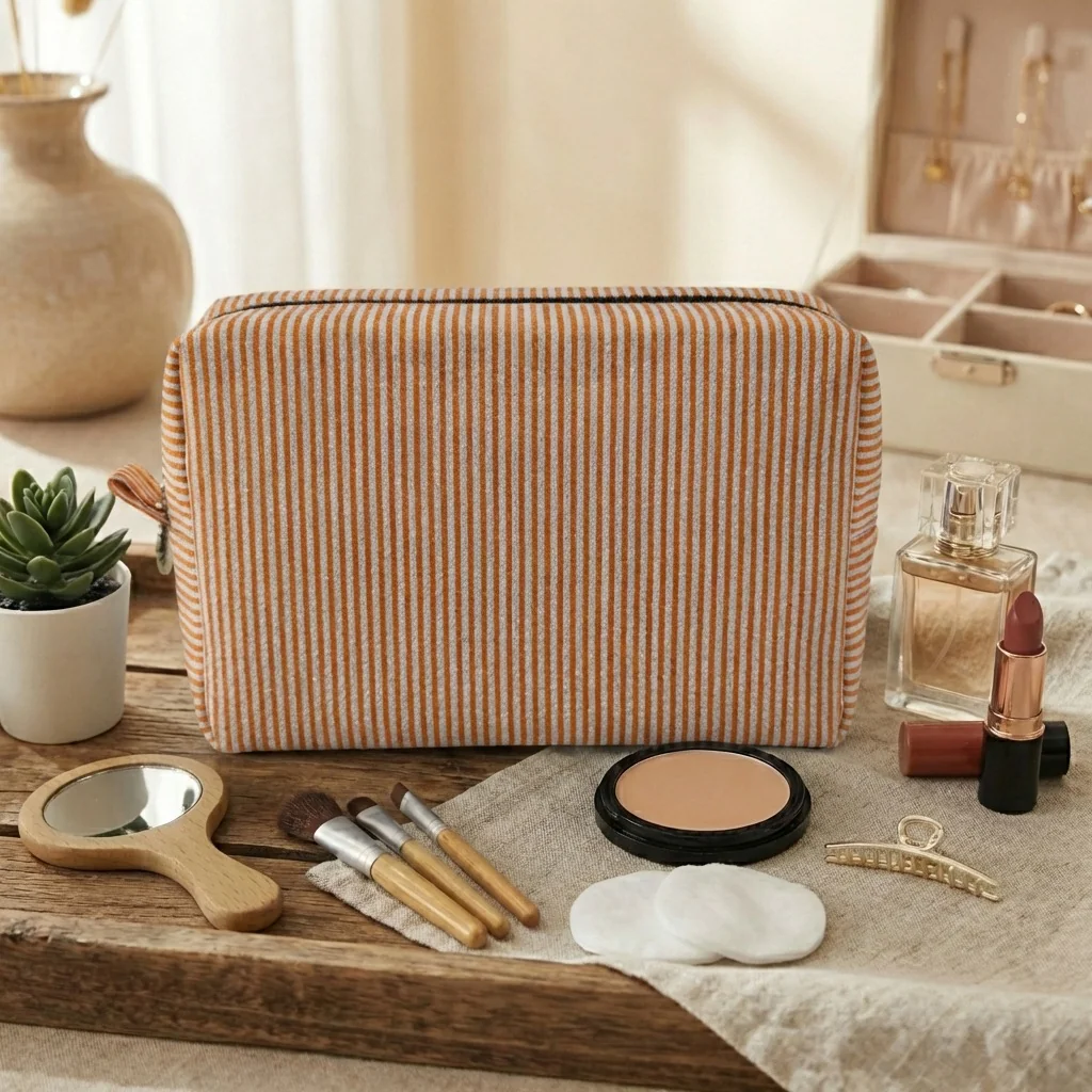 Custom Embroidered Logo Seersucker Cosmetic Bag | Large Toiletry Bag