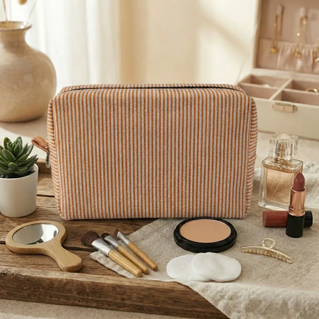Custom Embroidered Logo Striped Seersucker Cosmetic Bag Extra Large Capacity Toiletry Storage Bag