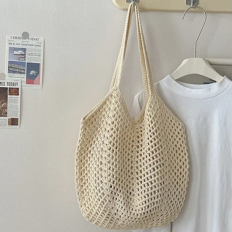 Handmade Embroidered Hollow Out Underarm Shoulder Bag Large Capacity Knitted Woven Bag Beach & Commute Bag for Women