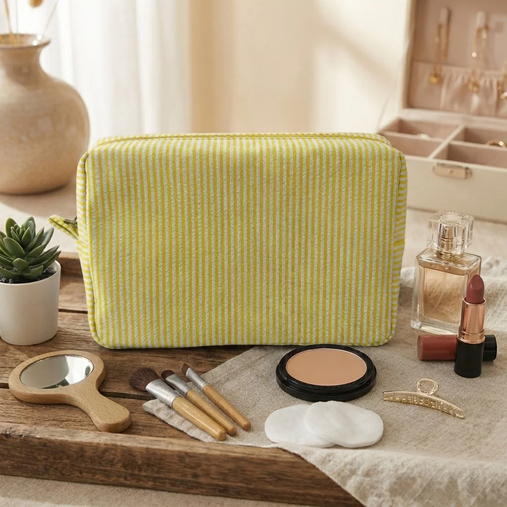Custom Embroidered Logo Striped Seersucker Cosmetic Bag Extra Large Capacity Toiletry Storage Bag