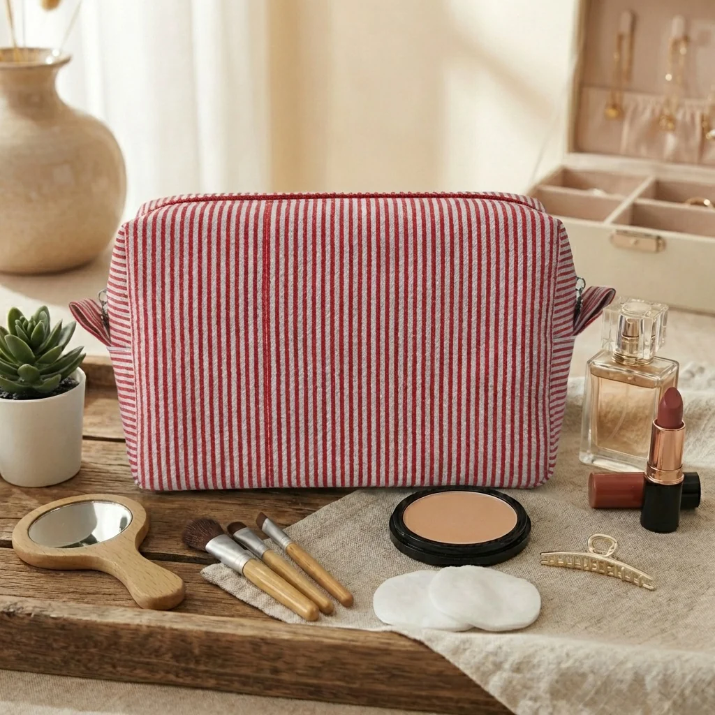Custom Embroidered Logo Seersucker Cosmetic Bag | Large Toiletry Bag