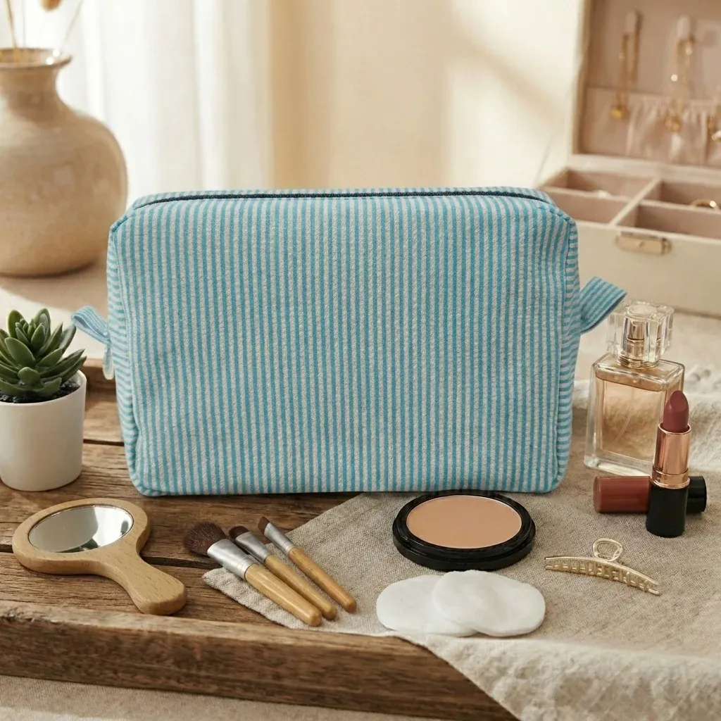 Custom Embroidered Logo Striped Seersucker Cosmetic Bag Extra Large Capacity Toiletry Storage Bag