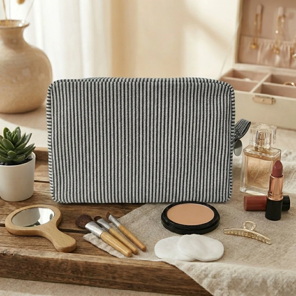 Custom Embroidered Logo Striped Seersucker Cosmetic Bag Extra Large Capacity Toiletry Storage Bag
