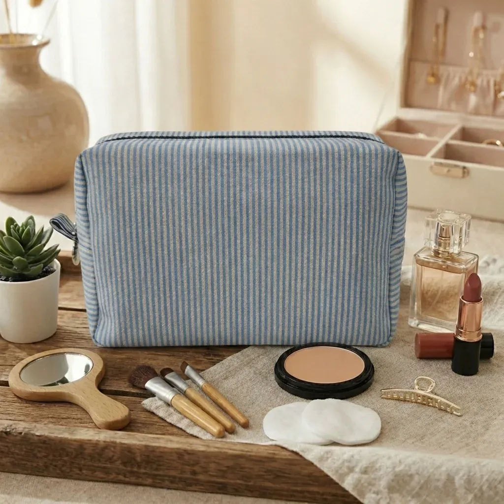 Custom Embroidered Logo Striped Seersucker Cosmetic Bag Extra Large Capacity Toiletry Storage Bag